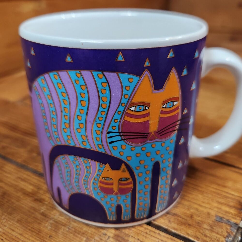 Vintage 1991 Laurel Burch “Mr. Jio’s Cat” Ceramic Coffee Mug Purple Blue Gold